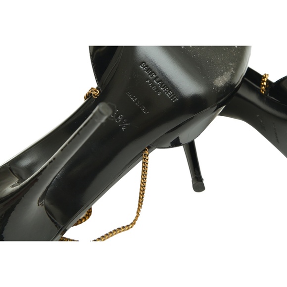 SAINT LAURENT Black Patent Leather Pump CLAW CHAIN YSL Logo Heel Gold Ankle 38.5 - Picture 10 of 10